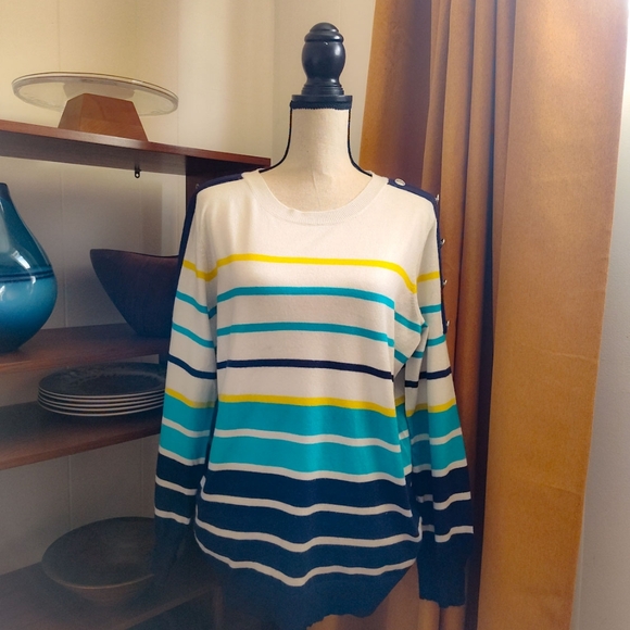 Rafaella Sweaters - Striped Rafaella Knit Top in Blue, Yellow, and White Summer Nights Beach Cruise